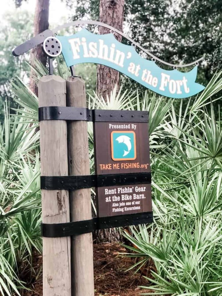 Fishin' at the Fort Sign. Presented by Take Me Fishing .org Rent Fishin' Gear at the Bike Barn. Also join one of our fishing excursions. 