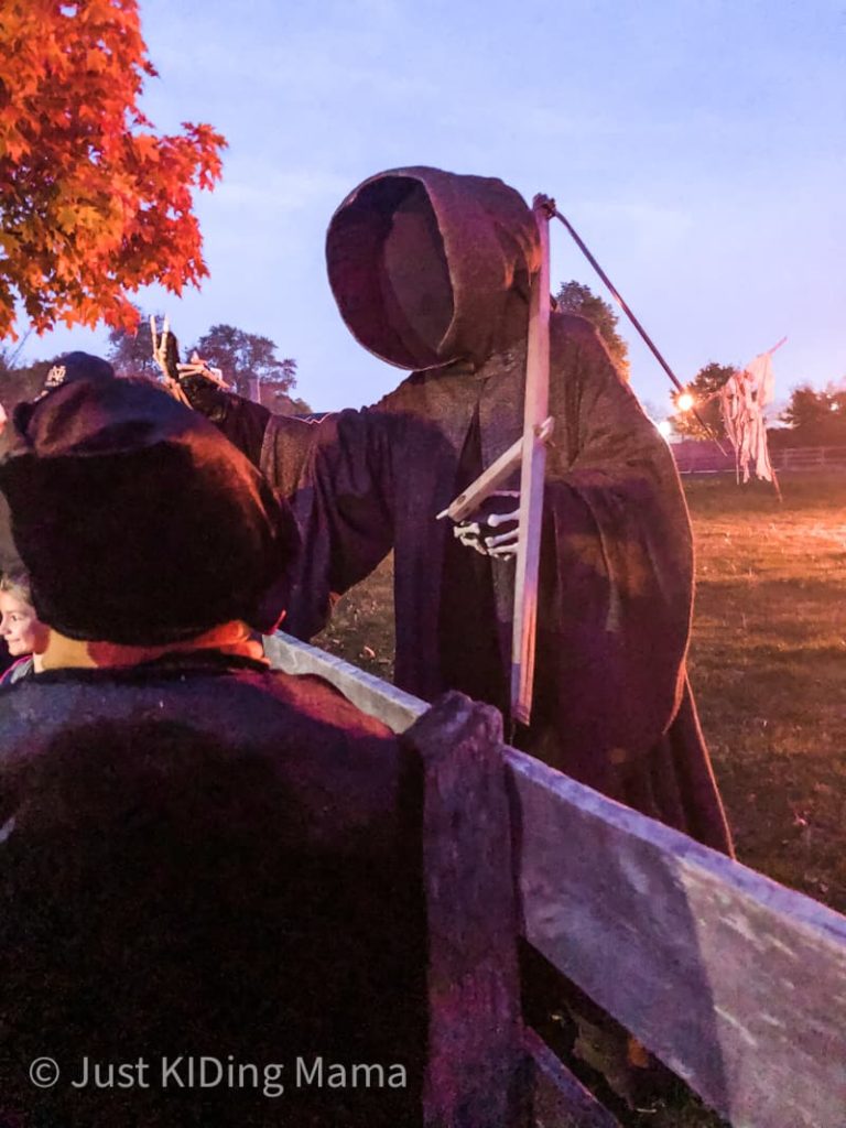 Boy standing by a fence looking at a person dressed as the Grim Reaper. 
