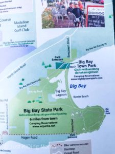 Partial map of Madeline Island. Shows the location of Big Bay State Park in comparison to Big Bay Town Park. They are touching, divided partially by the Big Bay Lagoon.
