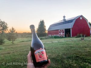 Bottle of Cider being held in front of a red barn at sunset